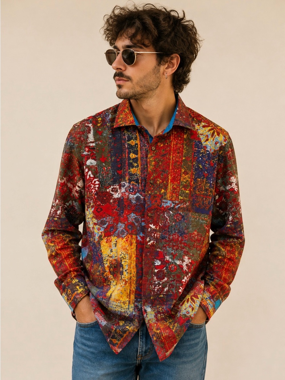 Spazio Uomo Abstract Patchwork Print Shirt XL Maximalist Cotton